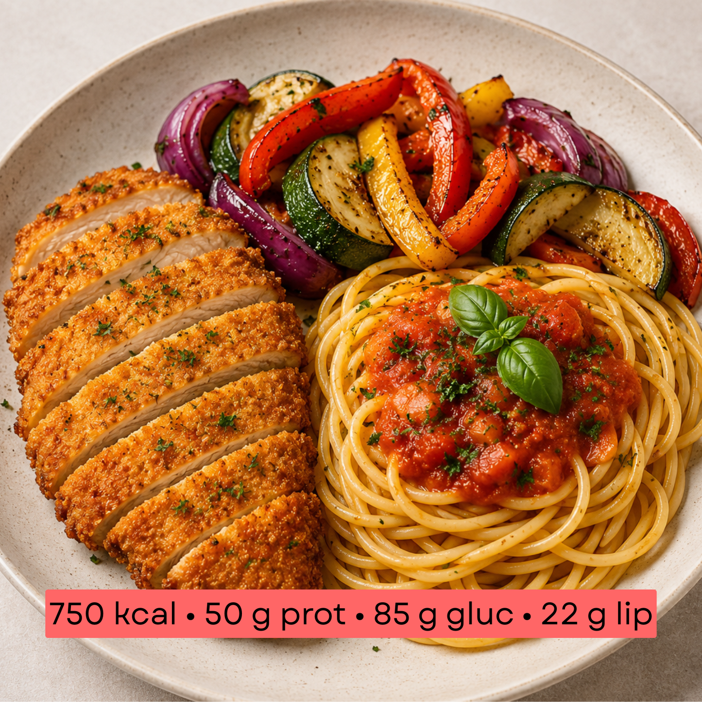 Masse - Poulet croustillant léger, spaghetti & légumes rôtis