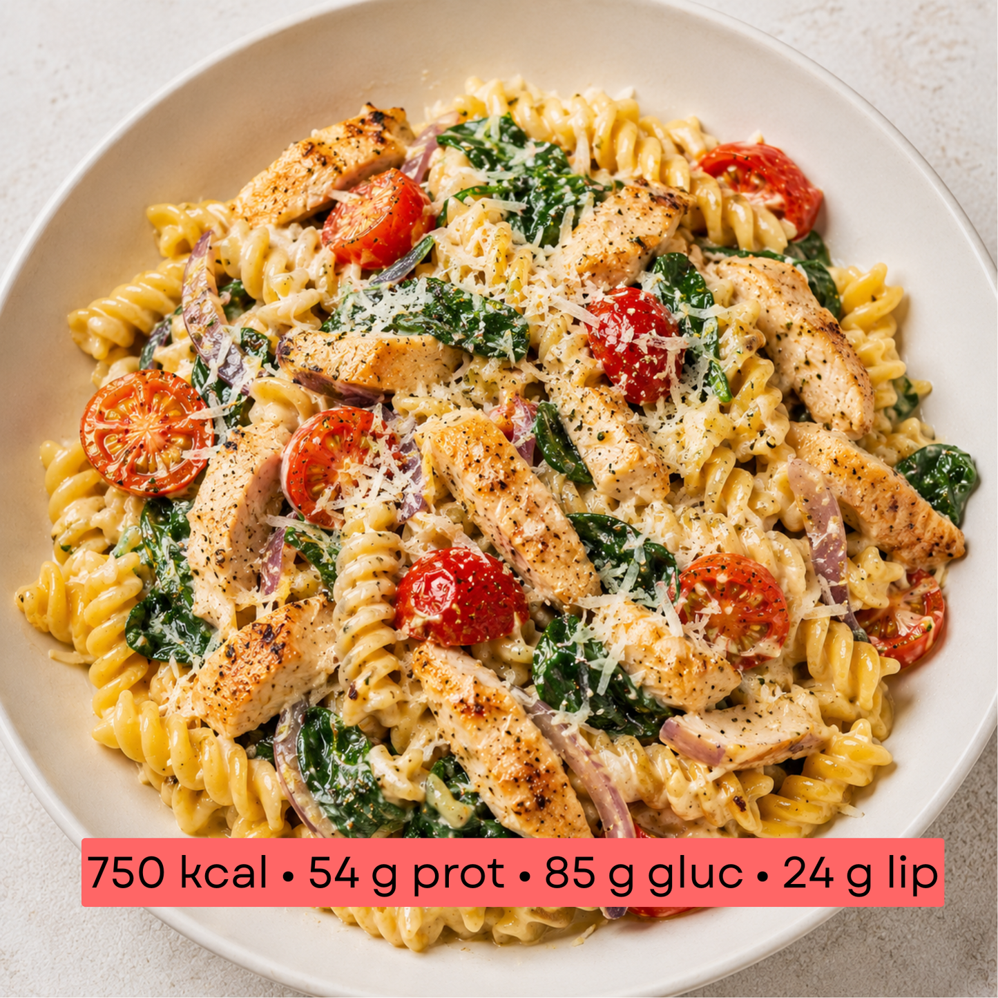 Masse - Fusilli crémeux au poulet, tomates cerises, épinards & parmesan