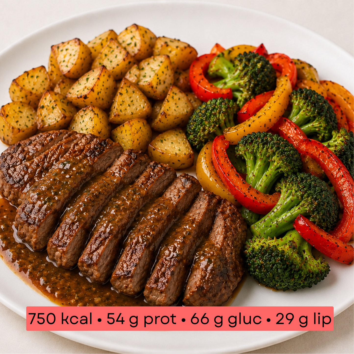 Masse - Steak de bœuf, pommes de terre, poivrons et brocolis