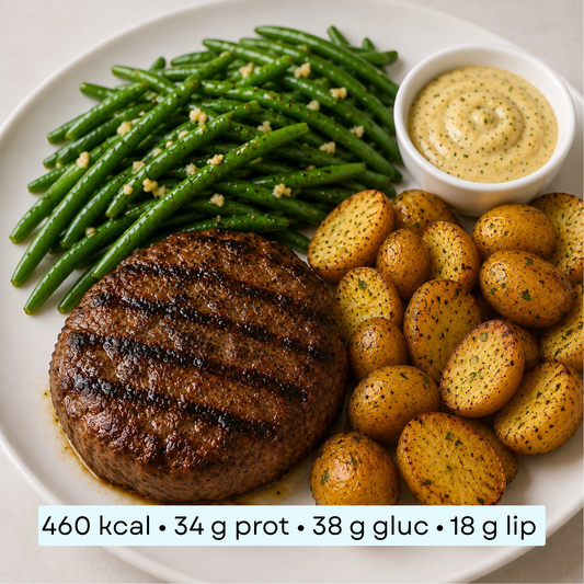 Diet - Steak de Bœuf Grillé, Pommes Grenaille & Haricots Verts, Sauce Ail