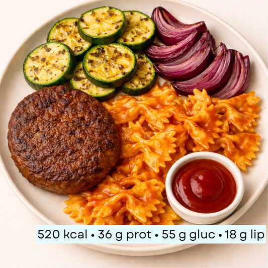 Diet - Steak haché, Farfalle sauce tomate & Légumes grillés