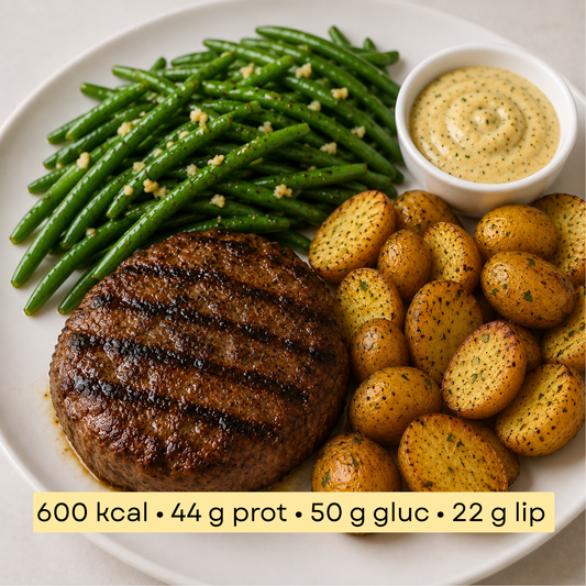 Sport - Steak de Bœuf Grillé, Pommes Grenaille & Haricots Verts, Sauce Ail
