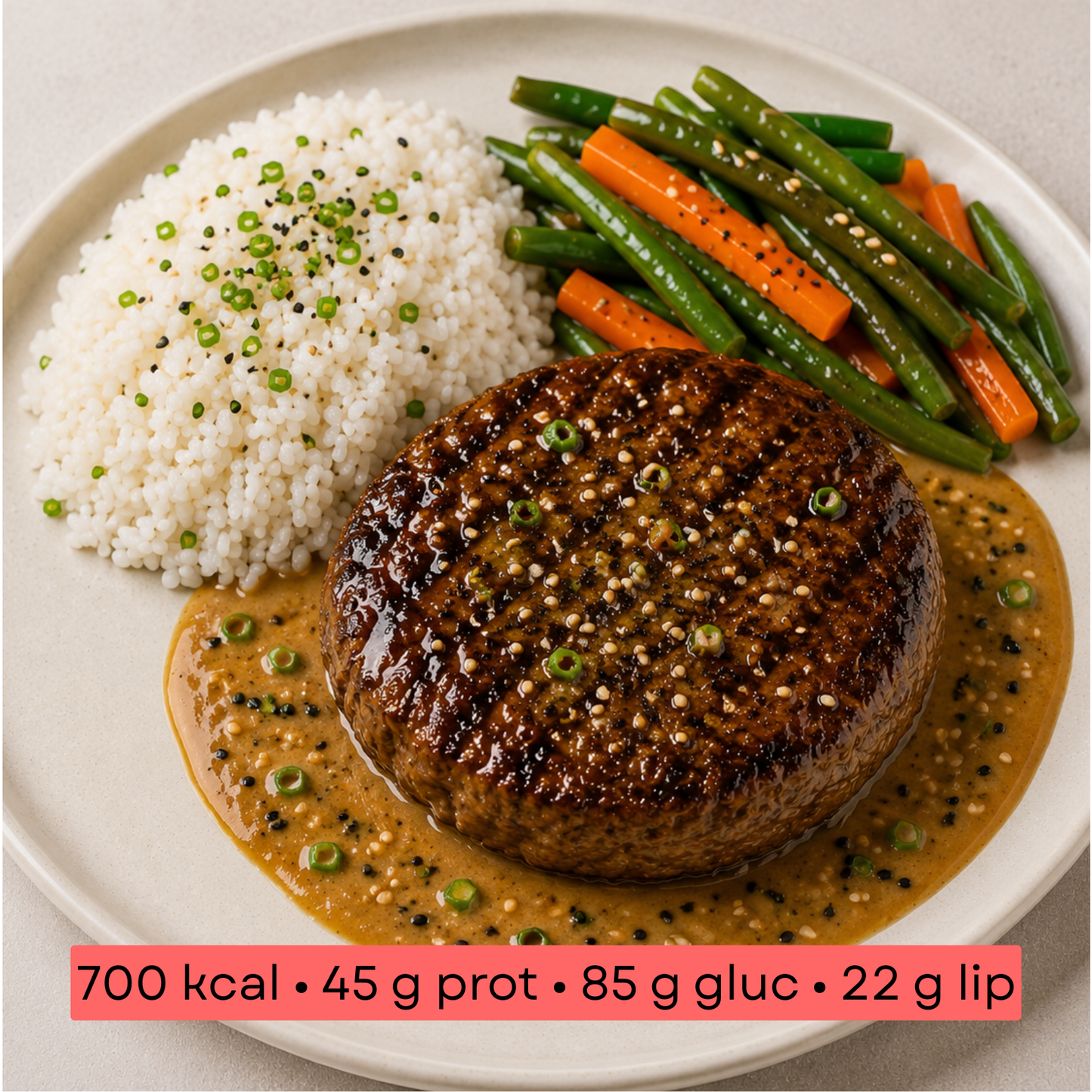 Masse - Steak haché, riz & légumes, sauce légère