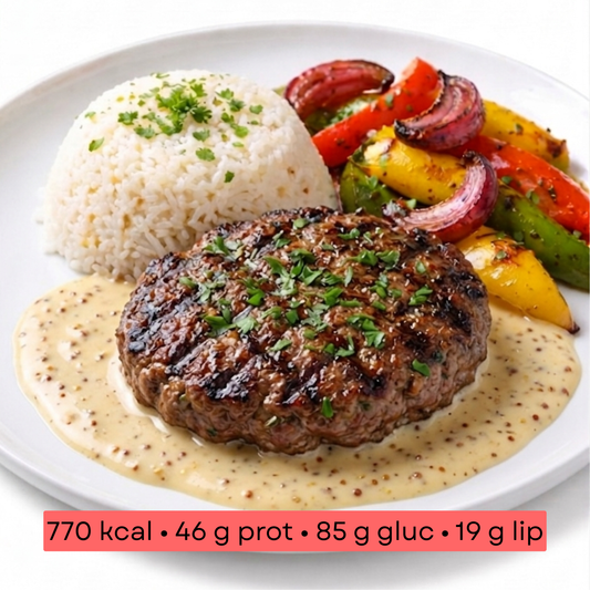 Masse - Steak haché sauce moutarde & légumes rôtis