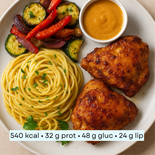 Diet - Poulet rôti, spaghetti & légumes grillés, sauce satay