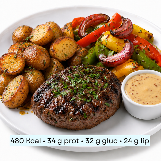 Diet - Steak haché grillé, pommes de terre grenaille rôties & légumes grillés