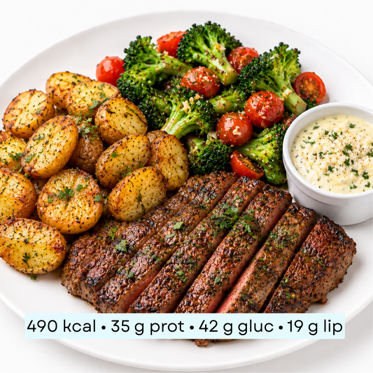 Diet - Steak de bœuf grillé, pommes grenailles et crème à l’ail