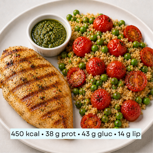 Diet - Poulet grillé sauce pesto & boulgour aux légumes rôtis