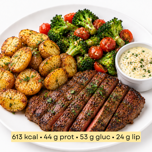 Sport -Steak de bœuf grillé, pommes grenailles et crème à l’ail