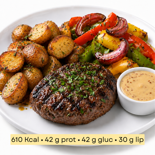 Sport - Steak haché grillé, pommes de terre grenaille rôties & légumes grillés