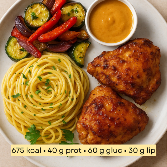 Sport -  Poulet rôti, spaghetti & légumes grillés, sauce satay
