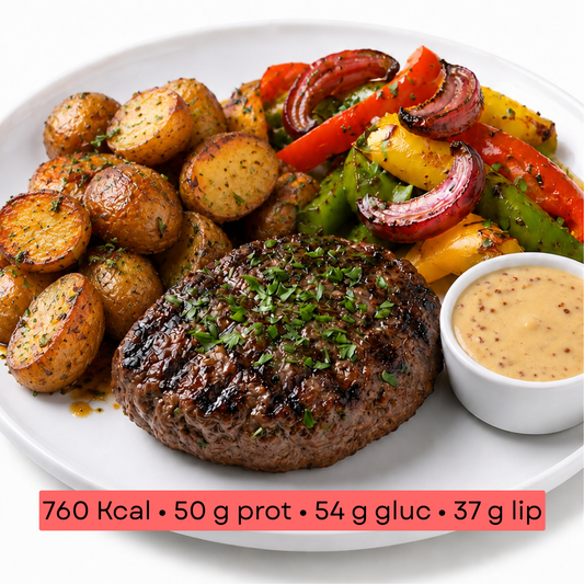Masse - Steak haché grillé, pommes de terre grenaille rôties & légumes grillés