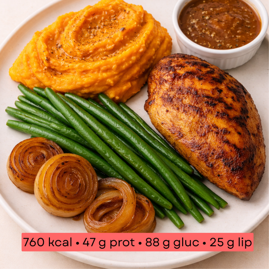 Masse - Poulet grillé, purée de patate douce & haricots verts