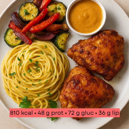 Masse - Poulet rôti, spaghetti & légumes grillés, sauce satay