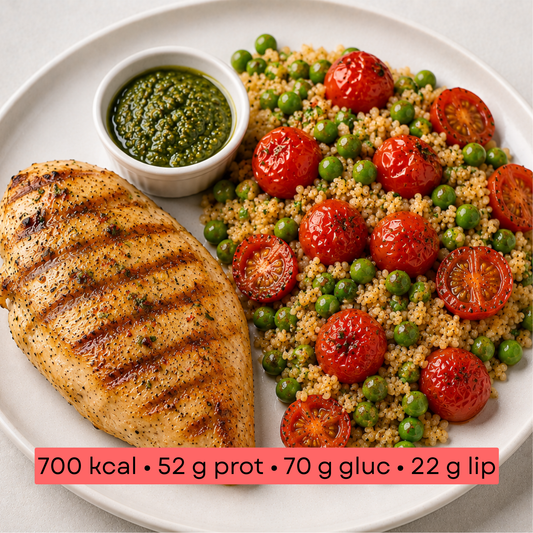 Masse - Poulet grillé sauce pesto & boulgour aux légumes rôtis