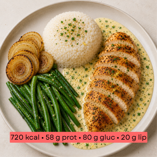 Masse - Suprême de poulet sauce crème, riz & haricots verts