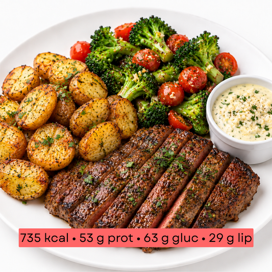Masse - Steak de bœuf grillé, pommes grenailles et crème à l’ail