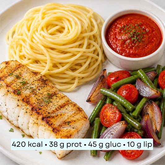 Diet - Cabillaud grillé, spaghetti & légumes