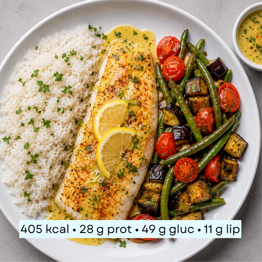 Diet - Poisson blanc, riz, légumes et sauce citron
