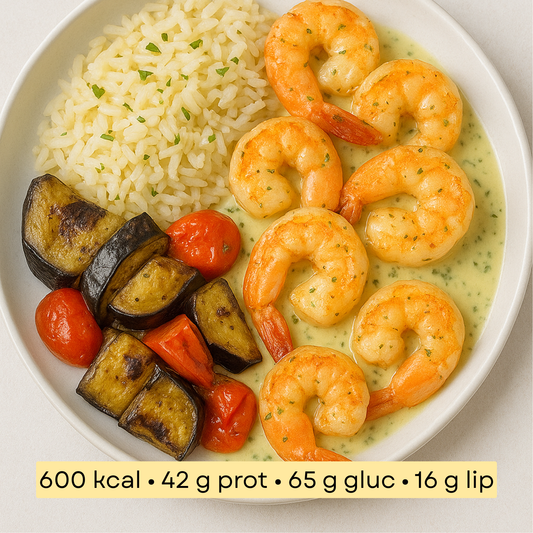 Sport - Scampi sauté beurre citron, riz pilaf & légumes