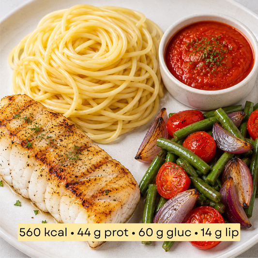 Sport -  Cabillaud grillé, spaghetti & légumes