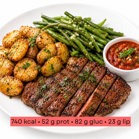 Masse - Steak de bœuf, pommes de terre, haricots princesse & sauce tomate-basilic