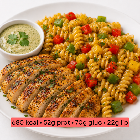 Masse - Poulet mexicain au citron vert & coriandre, fusilli et trio de poivrons