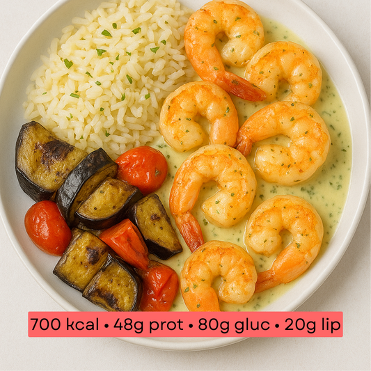 Masse - Scampi sauté beurre citron, riz pilaf & légumes