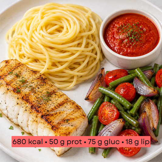 Masse - Cabillaud grillé, spaghetti & légumes