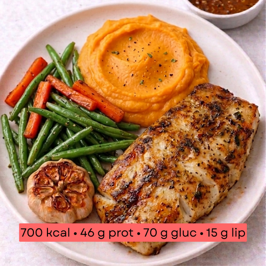 Masse - Cabillaud grillé, purée de patate douce & haricots verts