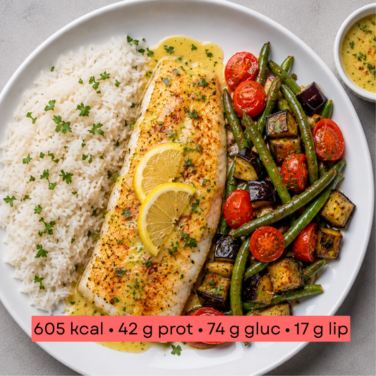 Masse - Poisson blanc, riz, légumes et sauce citron