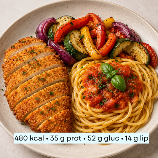 Diet - Poulet croustillant léger, spaghetti & légumes rôtis