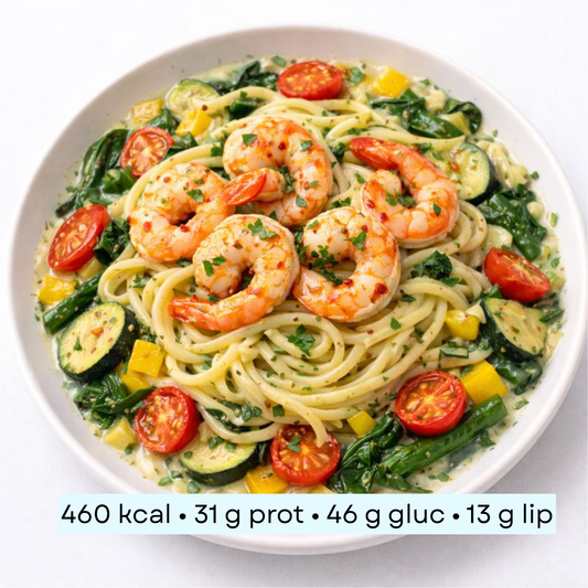 Diet - Scampis grillés, linguine à la crème citronnée & légumes rôtis