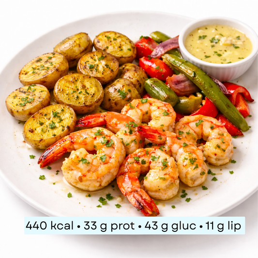 Diet - Scampis poêlés, pommes de terre & légumes du soleil