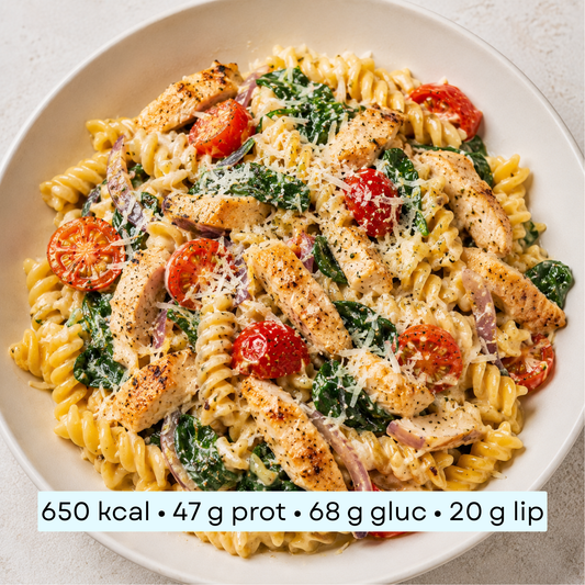 Diet - Fusilli crémeux au poulet, tomates cerises, épinards & parmesan