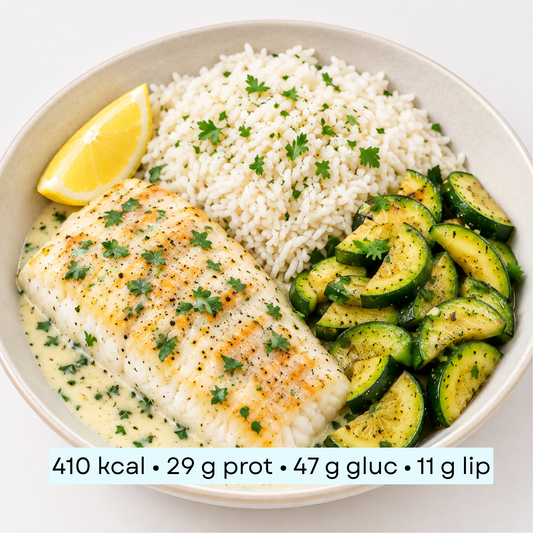 Diet - Filet de poisson blanc, riz basmati & courgettes, sauce citronnée