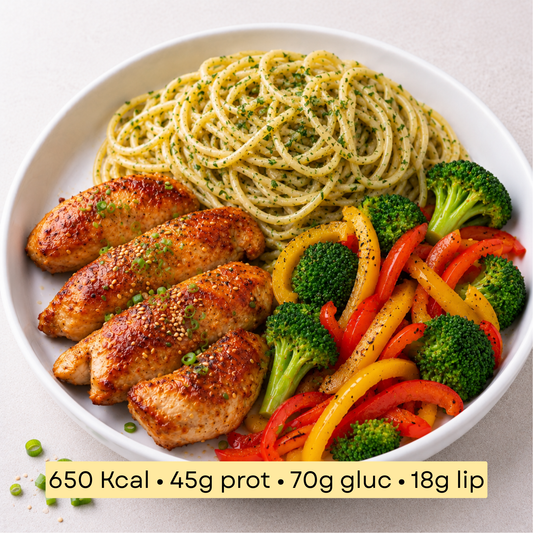 Sport - Poulet grillé, spaghetti aux herbes fraiches & légumes grillés