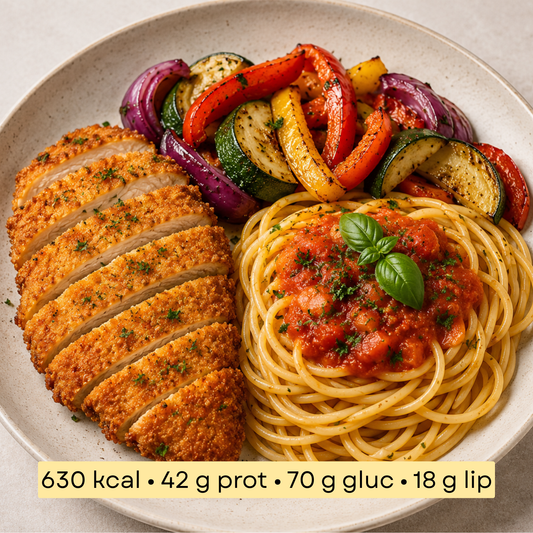 Sport - Poulet croustillant léger, spaghetti & légumes rôtis