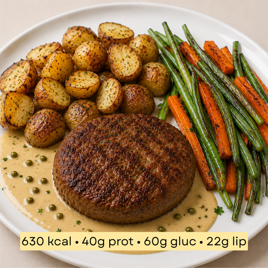 Sport - Steak haché, pommes de terre grenaille rôties & légumes rôtis