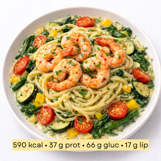 Sport - Scampis grillés, linguine à la crème citronnée & légumes rôtis