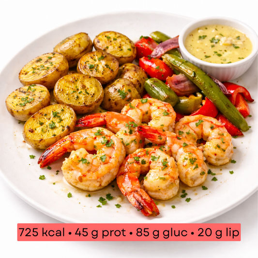 Masse - Scampis poêlés, pommes de terre & légumes du soleil