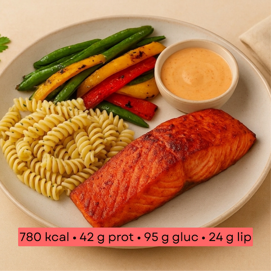 Masse - Rôti de saumon, fusilli & légumes