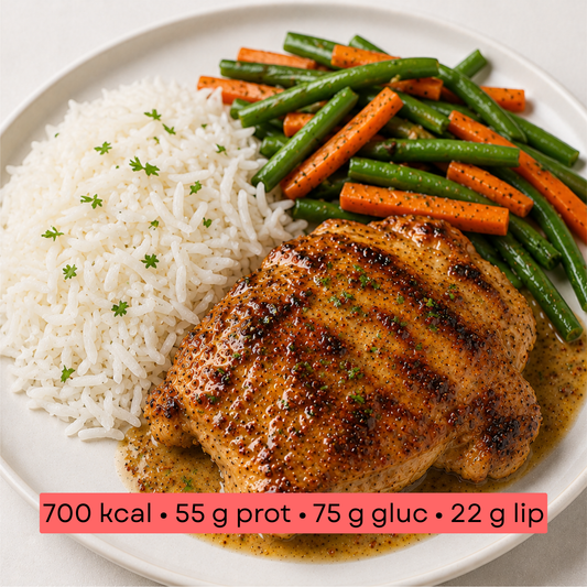 Masse - Poulet grillé sauce miel-moutarde, riz basmati & légumes