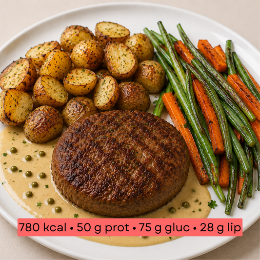 Masse - Steak haché, pommes de terre grenaille rôties & légumes rôtis