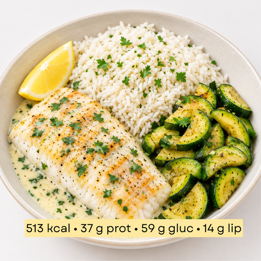 Sport - Filet de poisson blanc, riz basmati & courgettes, sauce citronnée