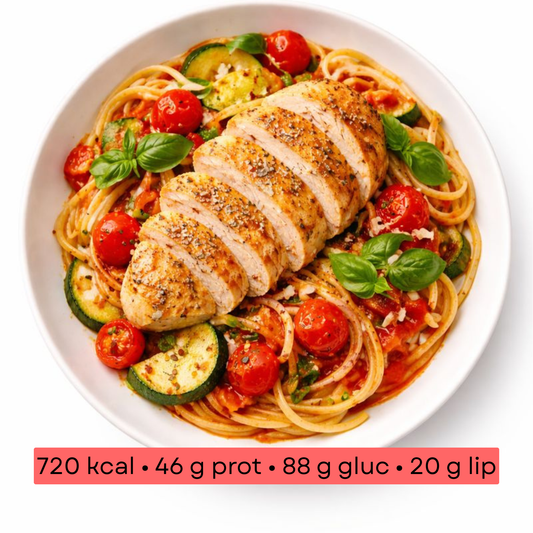 Masse - Suprême de poulet rôti, linguine à la tomate confite