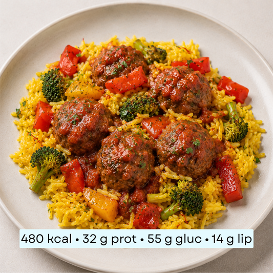 Diet - Boulettes de bœuf sauce tomate aux herbes, riz safrané & légumes
