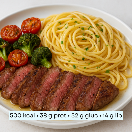 Diet - Bœuf & linguine aglio verde, brocoli rôti & tomates cerises confites