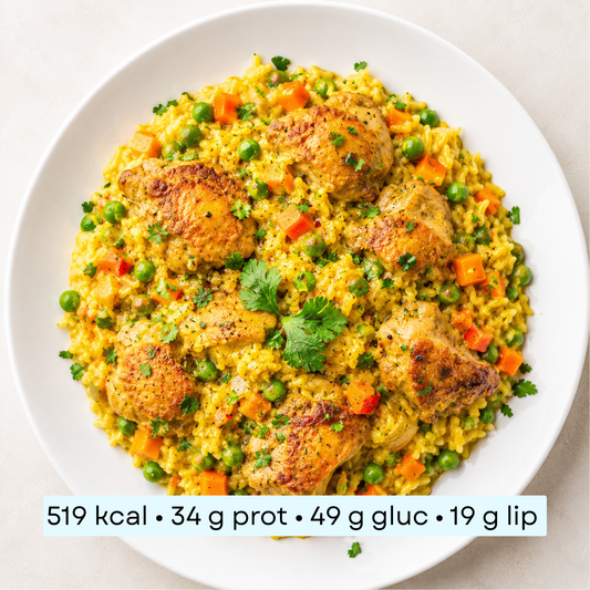 Diet - Riz curry jaune, petits pois, carottes & haut de cuisse
