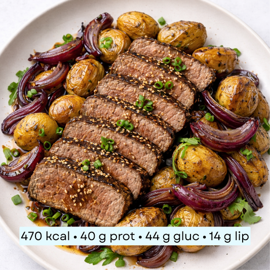 Diet - Tataki de bœuf & grenailles rôties aux oignons rouges